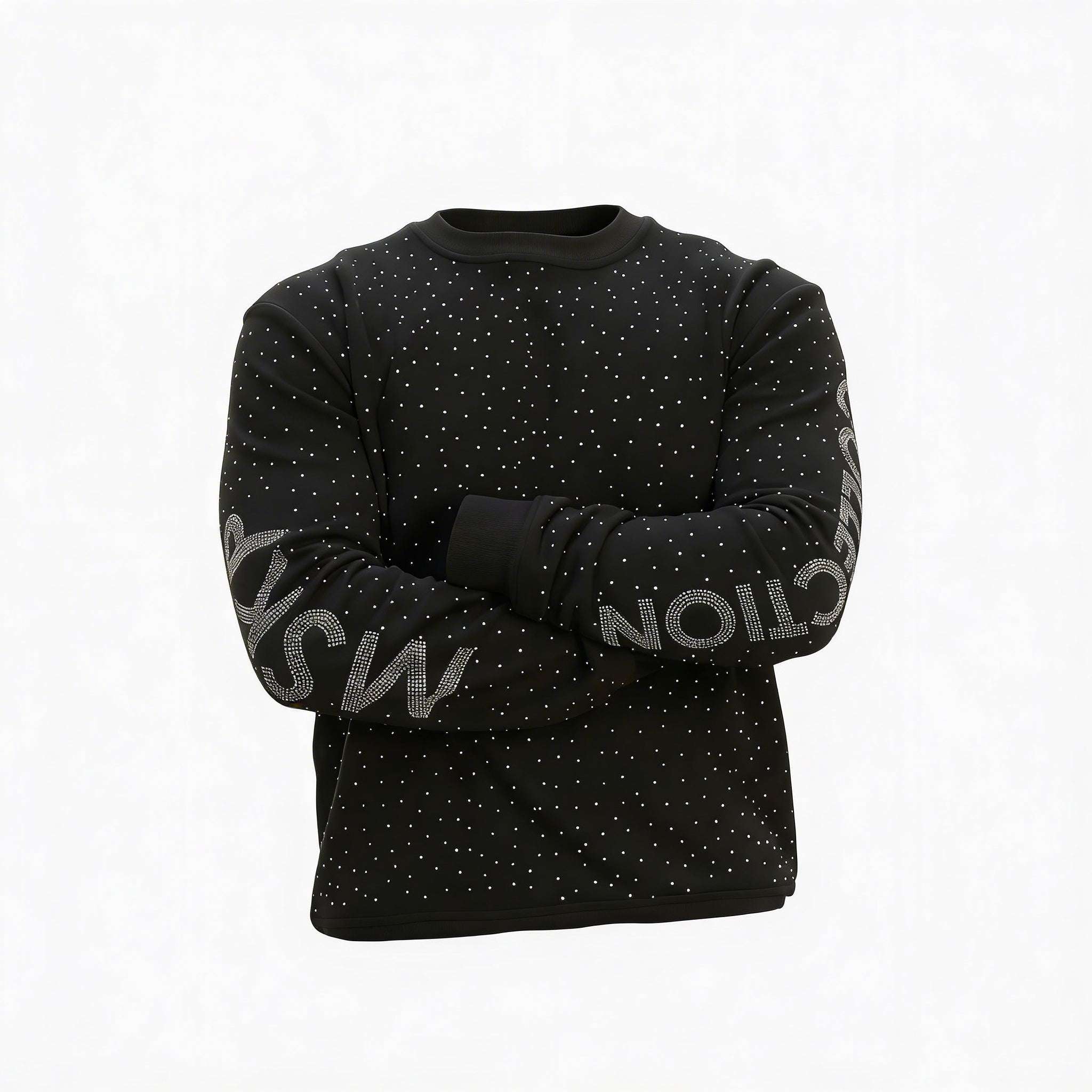 MSKP THE WRAITH premium cotton-blend jumper with micro-rhinestone detailing and bold sleeve branding in black and white