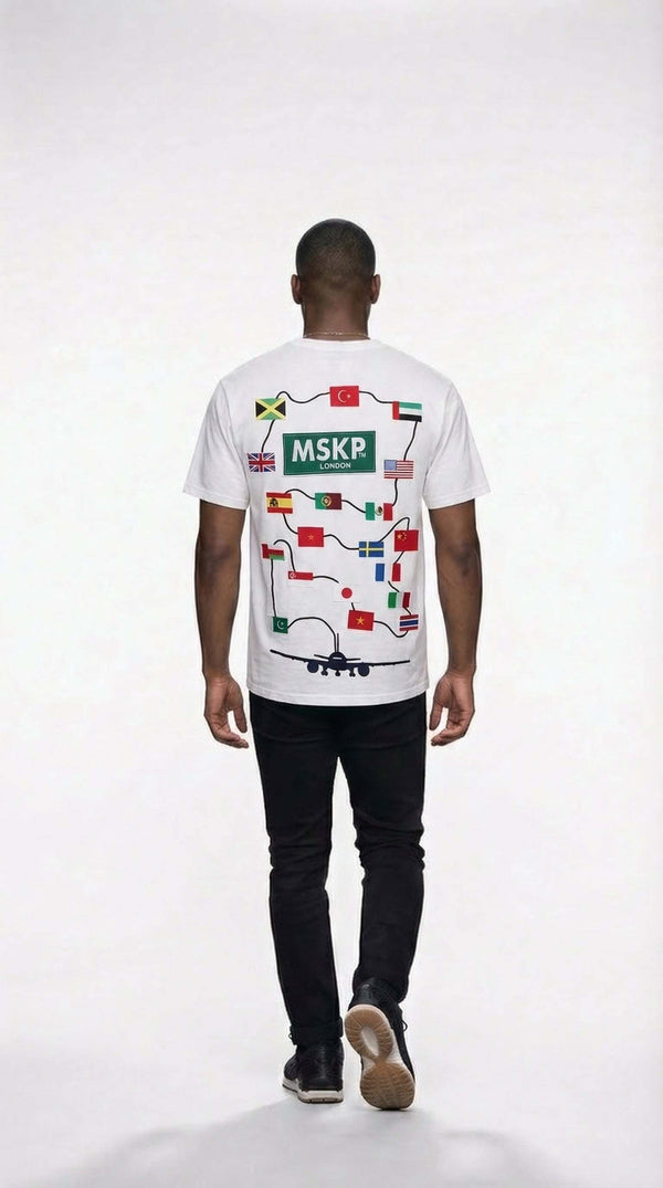 Model wearing MSKP Worldwide premium graphic T-shirt

