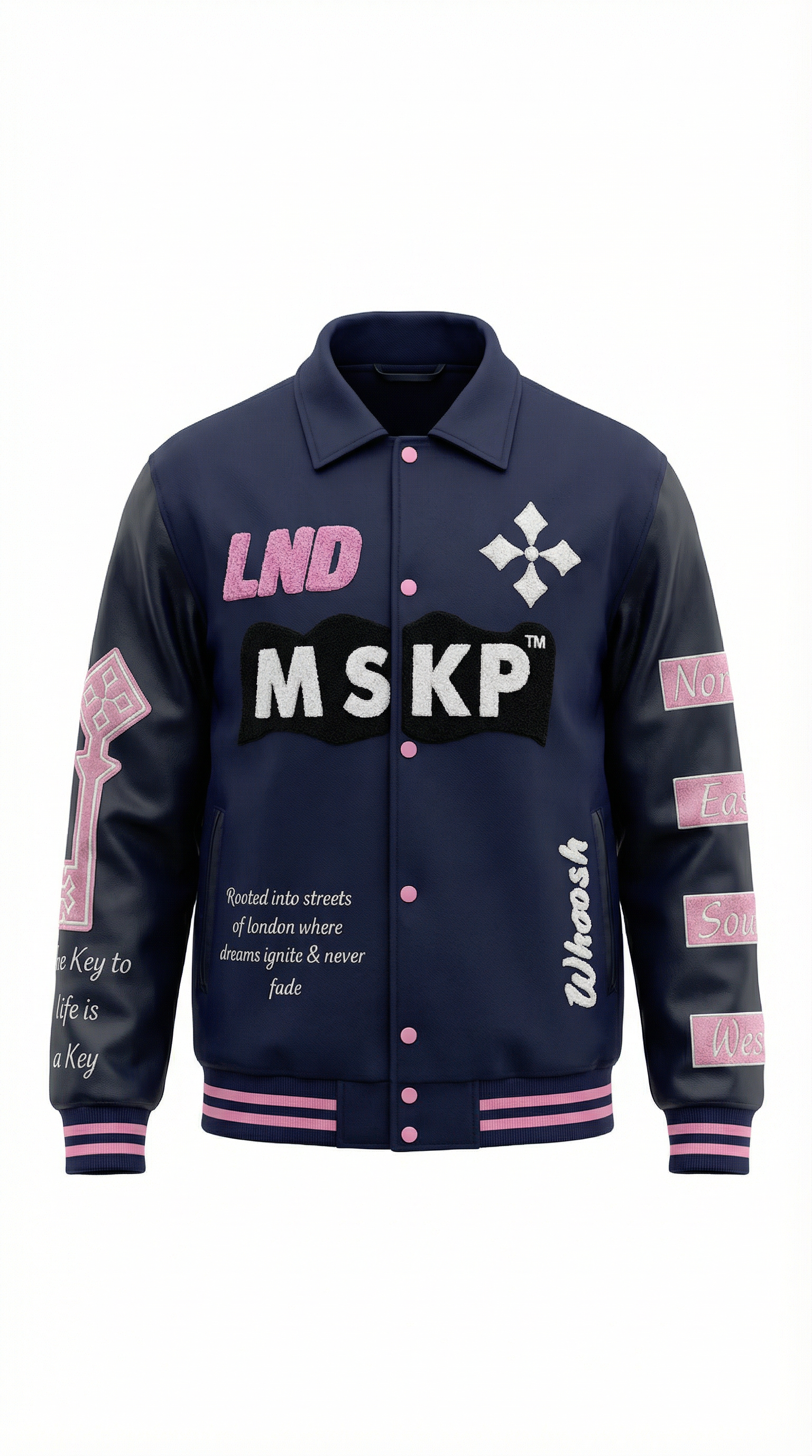 MSKP London Varsity Jacket premium wool body leather sleeves embroidered London map and chenille logo