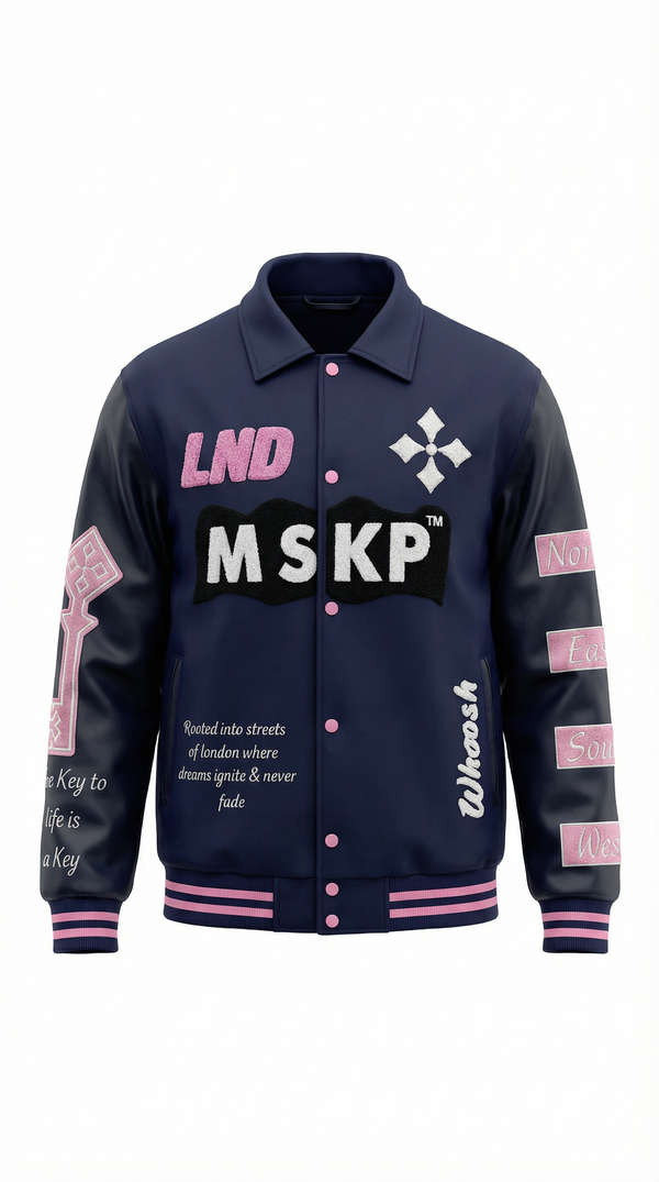 MSKP London Varsity Jacket premium wool body leather sleeves embroidered London map and chenille logo