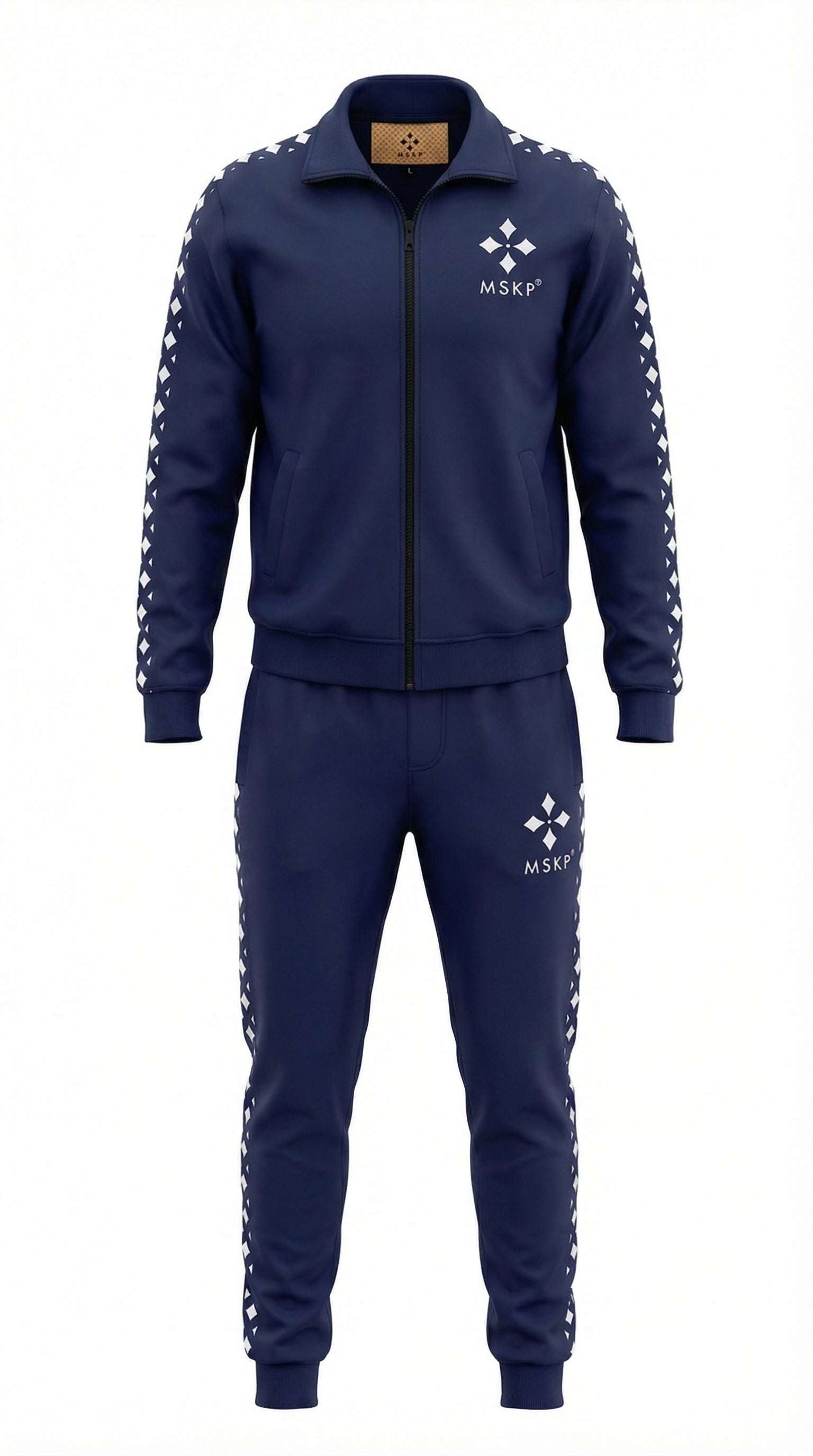 Men wearing black MSKP Dynasty Tracksuit with bold emblem on the back showcasing luxury streetwear style