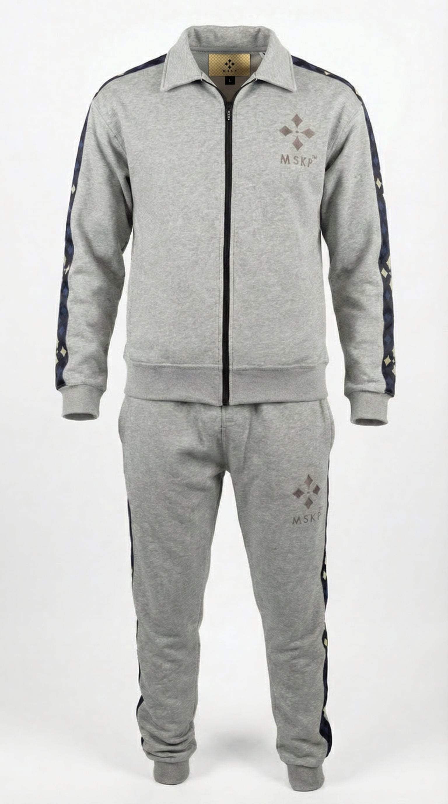 MSKP Lunar Royale Tracksuit in pastel yellow with deep navy geometric sleeve panels and tailored modern fit, no emblem on the back