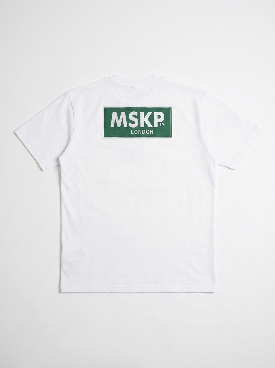 White t-shirt with a green and white logo on a white background