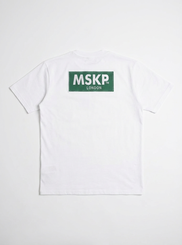White t-shirt with a green and white logo on a white background
